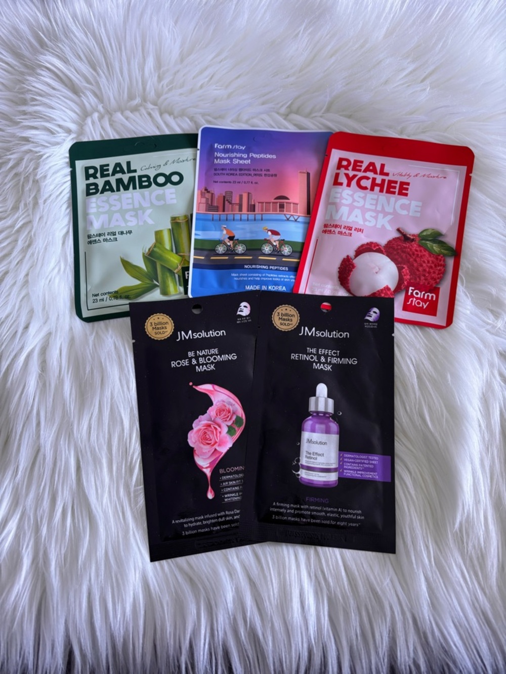 Korean Sheet Mask Bundle FarmStay & JM Solution Bamboo, Lychee, Rose & Retinol